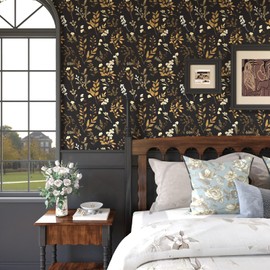 HENNOR Black Gold Leaf Wallpaper Peel and Stick Dark Floral Wallpaper Vintage Contact Paper Waterproof Self Adhesive Removable Boho Botanical Wall Paper for Kitchen Cabinet Desk Decor 17.5in x9.8ft