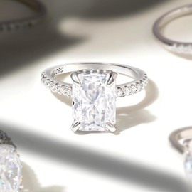 Cijisx 4.0CT Radiant Cut Sterling 925 Silver Cubic Zirconia Engagement Wedding Ring For Women Trendy Solitaire Emerald Cut White Gold Plated Travel Promise Ring Size 10