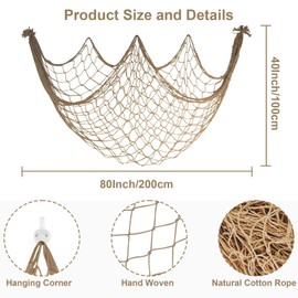 Mordely Decorative Fish Net, 2 Pack Brown Nautical Wall Decor, 2 x 1 m Cotton Rope Fishing Net for Ocean Theme Party & Beach Room Decor