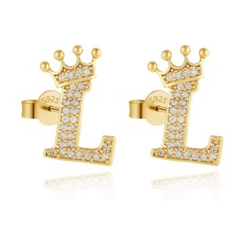 Letter Stud Earrings Crown Earrings for Girls 925 Sterling Silver Cubic Zirconia Initial Stud Earrings Hypoallergenic Earrings for Women (L)