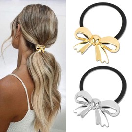 KICOSY 2PCS Gold Silver Bow Hair Ties for Women Cute Hair Ties Bowknot Hair Bands Stretchy Metal Ponytail Holder Hair Accessories