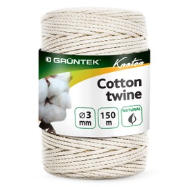 GRÜNTEK 3mm x 150m Macramé Cord - 100% Natural Cotton, 3-Strand Twisted Rope for Crafts, Knitting, Decor, and Gift Packaging in Elegant Beige