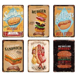 Fast Food Metal Tin Sign Retro Sandwich Burger Hot Dogs Wall Decor for Diner Kitchen Restaurant DecorationColor: P146(6 PCS), Size: 20*30cm