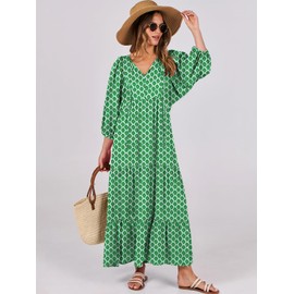 ANRABESS Womens Boho Maxi Dresses 2025 Summer V Neck Puff Sleeve Floral Flowy Swing Fall Casual Long Dress Light Green X-Large