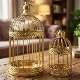 Vela Lanterns Decoración de Jaula de pájaros, portavelas, Farol, decoración Decorativa para Centro de Mesa de Boda, Dorado, Juego de 2