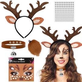 Reindeer Headband Deer Costume Women Children 5 Pieces Antlers Headband Reindeer Costume Set with Reindeer Ears Deer Headband, Tail, Bell Necklace, Reindeer Face Sticker, for Christmas, Fancy Dress,