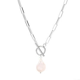 Baroque Silvery Freshwater Pearl Long Pendant Necklace Paperclip Toggle Drop Stainless Steel Necklace For Women