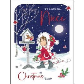 Niece Christmas Card - Special Niece - Girl and Robin - Artistic Festive Design - Special Finishes and Illustrated Insert Leaf - Made in the UK