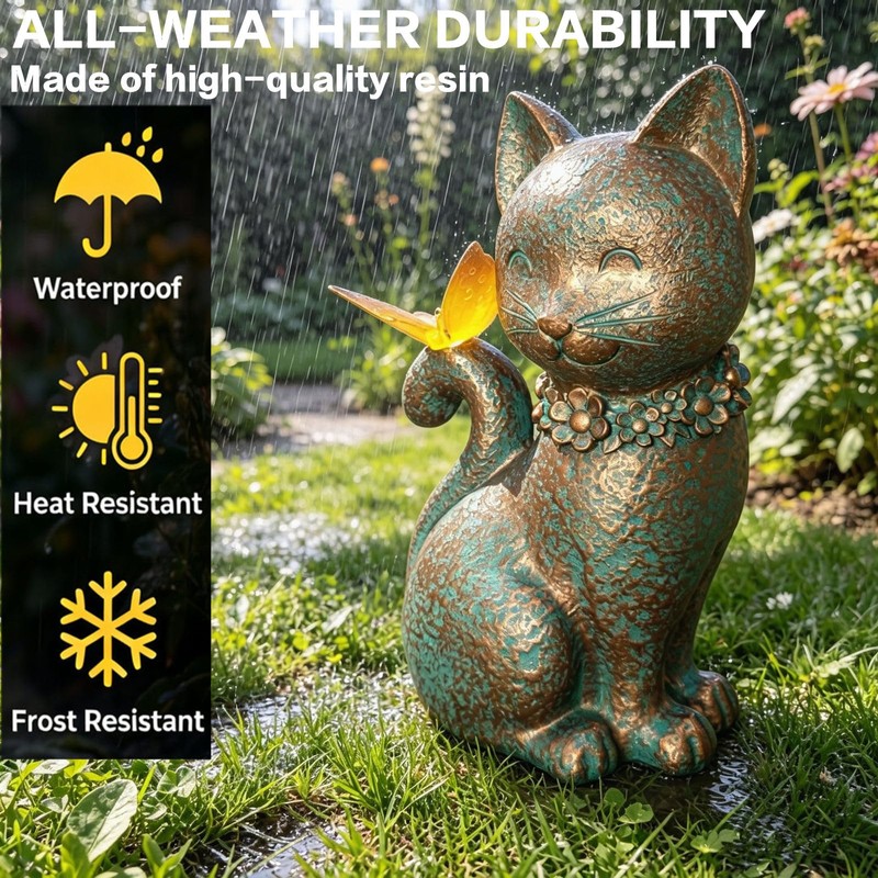 Cat Statues for Outside Garden Decor with Butterfly Solar Lights