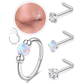 4PCS Stainless Steel Nose Rings Set for Women Men,Hypoallergenic 20G L-Shaped Nose Studs White Opal Hinged Small Silver Hoops for Nostril Septum Cartilage Helix Rook 2nd/3rd Earlobe Lip Piercings