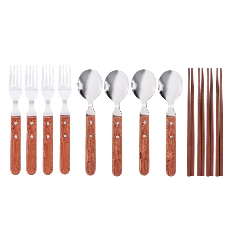 12 Pcs Stainless Steel Wooden Handle Tableware Set Outdoor 4