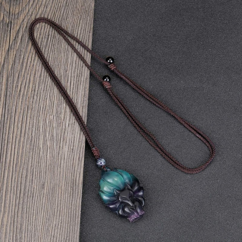 MANIFO Natural Crystal Gemstone Fox Pendant Necklace with Adjustable Woven