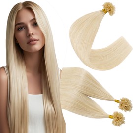 Elailite U-Tip Real Hair Bonding Extensions, Keratin Hair Extensions, Straight, 100 Strands, 50 g, 14 Inches / 35 cm, #60 Platinum Blonde