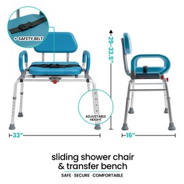 Sliding Shower Chair – Safe Rotating Tub Transfer Bench for Seniors & Disabled, Padded Swivel Seat with Handles, Compact Adjustable Bath Bench, Fits Most Bathtubs