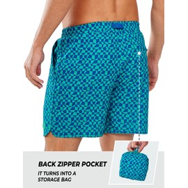 NORTHYARD Men's Swim Trunks 5" Quick Dry Swim Shorts with Mesh Liner Packable for Swimwear Surfing Beach Travel, Green Blue Blocks, XL