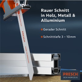 PRESCH Reciprocating Saw Blades Universal Wood and Stainless Steel 210 mm Pack of 10, Variable Tooth 8% Cobalt Saw Blades for Carbide and Wood, Universal Shaft Reciprocating Saw Blades Set Incl Box