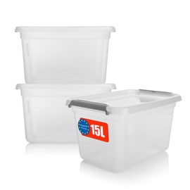 BigDean Pack of 3 15 L Storage Boxes with Lid, Transparent, BPA-Free & Food Safe, Stackable Robust Storage Box, Storage Boxes with Click Lock