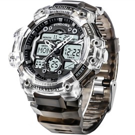 PINIDOUS Mens Watch for Men Digital Sports Watch,7 Color LED Light Large Analog Digital Display Waterproof Watch with 3 Alarms/Countdown/Stopwatch/Dual Time Multi-Function Military Wrist Watches