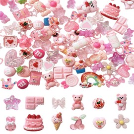 Gorvalin 105Pcs Kawaii Resin Nail Charms, 3D Sweety Pink Flatback Resins Candy Charms for Nail Art Crafts Decoration Slime Making Ornament DIY Supplies for Craft Making