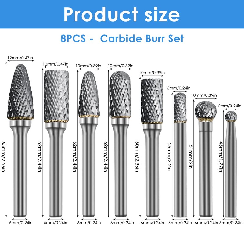 8Pcs Carbide Burr Set Cut Carbide Rotary Burr Set Sturdy
