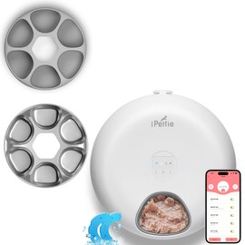 iPettie Donut Frost WiFi 6 Meal Automatic Wet Food Feeder with Ice Packs for Senior and Week Pets, App Control Programmable Timer, Holds 6 x ½ lb. of Food, White, Stainless Steel and PlasticTray