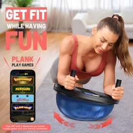 BODYRHYTHM 2 IN 1 Balance Ball & Plank Board Trainer with Free iOS/Android App & 4 Free Games for Full Body Workout - Half Exercise Yoga Ball Trainer with 2 Bands & Pump for Strength Training (Blue)