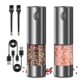 Electric Salt and Pepper Grinder Set, Upgraded Larger Capacity Stainless Steel Automatic Salt and Pepper Mill Set Refillable with 5 Adjustable Coarseness Stainless Steel Color Shaker