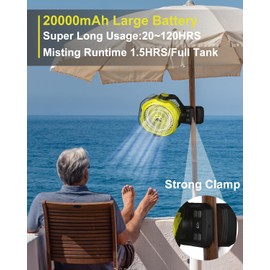 Portable Rechargeable Misting Fan with 12oz Mist, Battery Life Display, Remote, Timer, Light, 5 Speeds, 9-Inch, 20000mAh 120H Battery Powered Clip Fan for Stroller, Travel, Outdoor, Poweroutage