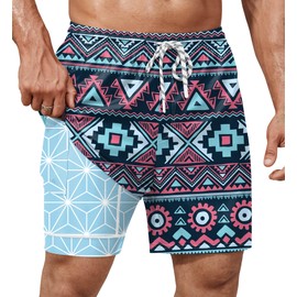 ERECT PEAK Mens Stylish Swim Trunk Drawstring Totem Trunk Quick Dry Hawaiian Compression Liner Surfing Short Blue M