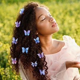 20 pinzas para el cabello con mariposas con purpurina, pequeñas y realistas coloridas de los años 90, accesorios para el cabello para mujeres y niñas (serie azul morado)