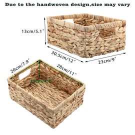 OGANAZI Natural Water Hyacinth Baskets with Handles, Woven Wicker Storage Baskets for Organizing, Shelf Baskets for Bedroom Bathroom Living Room, 30.5 * 23 * 13cm