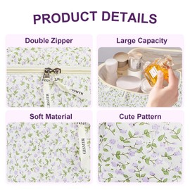 GISMTR 4Pcs Quilted Makeup Bag Set Cute Floral Cosmetic Bag Cotton Coquette Make up Bag Aesthetic Travel Toiletry Bag for Women Girls