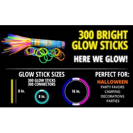 PartySticks 300 Ultra Bright Glow Sticks with Connectors – 8" Bulk Party Favors for Kids & Adults – Neon Glow in the Dark Bracelets & Necklaces for Parties & Events