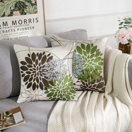 RYBornament Cushion Cover 50 x 50 cm Brown and Green Cushion Cover Geometric Flowers Cushion Modern Abstract Cushion Cover Set of 2 Linen Cushion Covers for Living Room Garden Cushion Decor