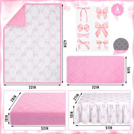 SmoothNovelty 5 Pcs Pink Bow Theme Crib Bedding Set Include Bow Knot Print Crib Sheets Bed Skirt Comforter Pad Cover Wall Stickers for Girls Princess Nursery Room Decoration
