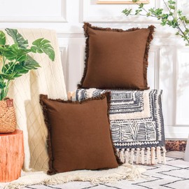 NEXHOME PRO Boho Throw Pillow Covers for Couch 18"x18", Handmade Decorative Linen Pillow Covers for Bed, Sofa, Living Room, Farmhouse Fringed Cushion Covers, Beige (Insert Not Included)