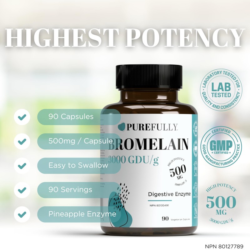 PUREFULLY Bromelain 3000 GDU/g 500mg, 90 capsules for Superior Digestive