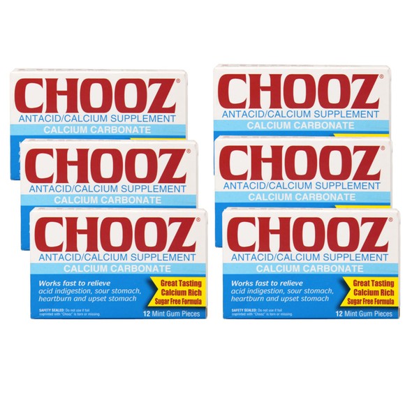 Chooz Calcium Carbonate Antacid Sugar Free Mint Gum, 12 Pieces, 6 Count