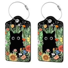 2 Pcs Luggage Tags for Suitcase, Cute Unique PU Leather Travel Bag Tag with Privacy Cover ID Label Address Card and Durable Metal Ring Suitable for Men Women Children Backpack,Cat in The Bush