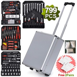 Portable & Practical Professional Aluminum & PVC Tool Set in a Trolley Case, 799pcs, Silver