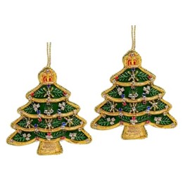 2 x Victorian Style Hand Embellished Christmas Fir Tree Shaped Bauble Decorations - Green/Red/Gold - 10.5 cm