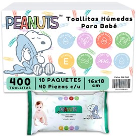 Peanuts Toallitas Humedas Bebe | Caja con 400 Piezas | 10 paquetes de 40 toallitas c/u | Hipoalergénicas | Limpieza y Comodidad | Aroma Fresco