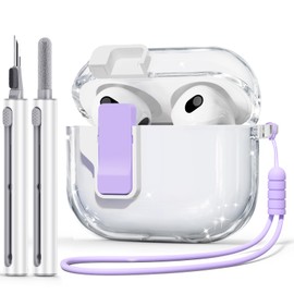 【with Safety Lock】 for AirPods 3rd Generation Case Cover 2021, TPU Clear Case for AirPod Case 3rd Generation with Cleaner Kit & Portable Wrist Strap for Women Girly - Clear Purple