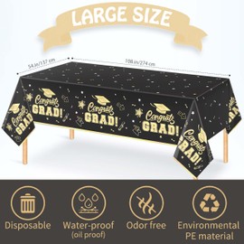 Graduation Party Decorations - Black Gold Gongrats Grad Tablecover for Class of 2024 Graduation Party Supplies Large Size Waterproof Plastic Rectangular Disposable Tablecloth 3 Pcs 54"x108"