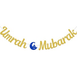 Umrah Mubarak Banner, Celebration Banner for Umrah Mubarak, Umrah Mubarak Decoration for Islamic Muslim, Ramadan Decorations for Home Supplies Gold Glitter