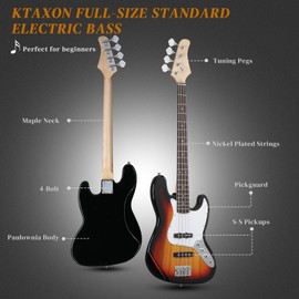 Ktaxon Ktaxon Electric Bass Guitar with 20Watt Amplifier, 4 String Right Handed Electric Bass Kit for Beginner & Professionals W/a Bag, Shoulder Strap, Guitar Pick, Wrench Tool(Brown Sunburst)