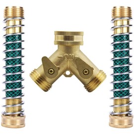 cozyou Heavy Duty Brass All Metal Body 2 Way Garden Hose Connector Shut Off Valve Hose Splitter, 2 Faucet Extension Hose Protector