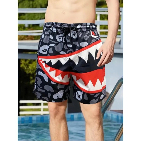 Unbranded Shark Teeth Swim Trunks Swimming Board Shorts Black Gray