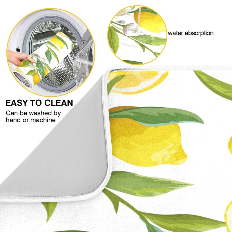Lemon Flowers Dish Drying Mat for Kitchen, Absorbent Microfiber Drying