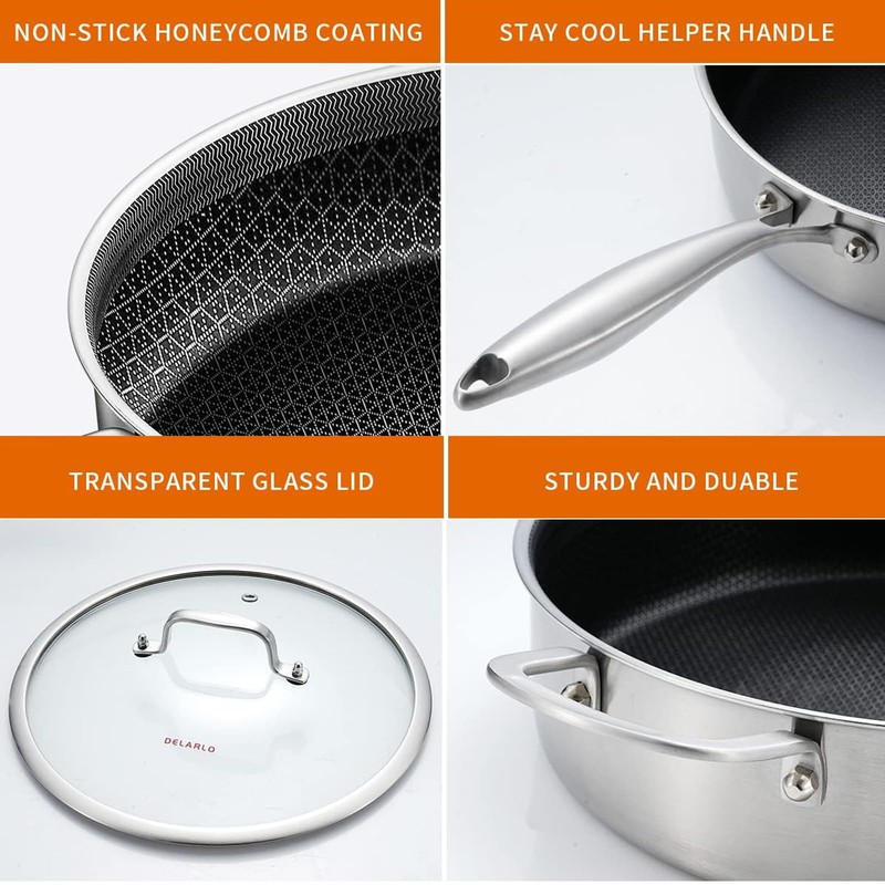 DELARLO Tri-Ply Stainless Steel 12 Inch Deep Frying Pan with